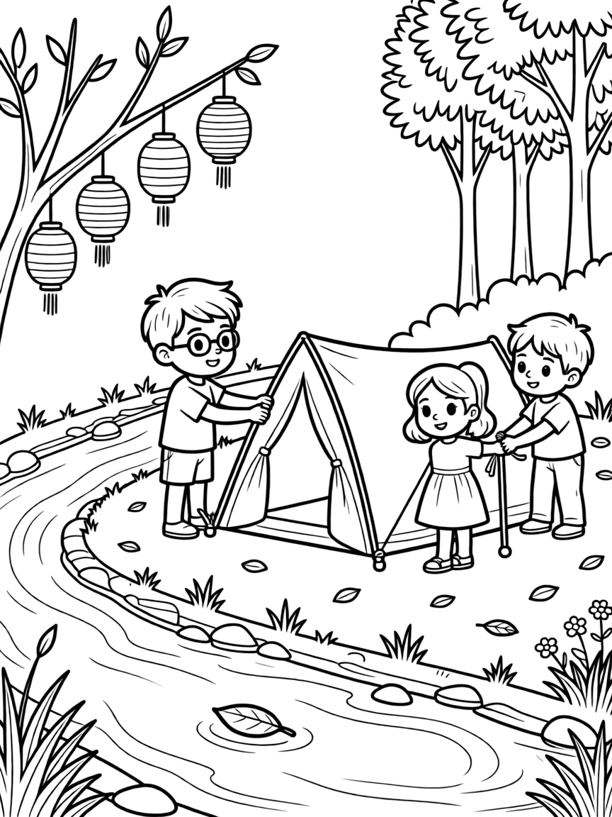 A boy with glasses setting up a tent with cousins along a riverside path with paper lanterns swaying gently.