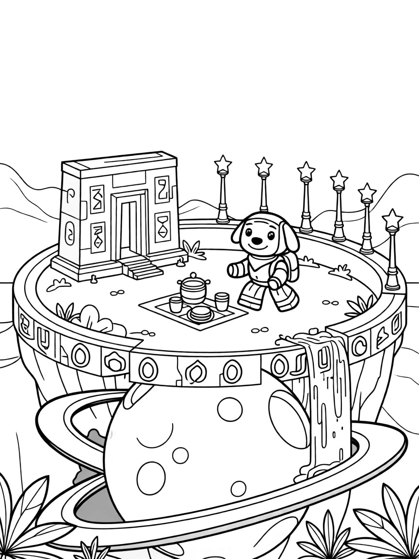 Ratchet, a robot dog hosting a picnic on the rings of a giant purple planet, in an ancient alien temple covered in glowing runes, with a waterfall of sparkling light cascading down a cliff and a row of streetlights shaped like glowing stars nearby.