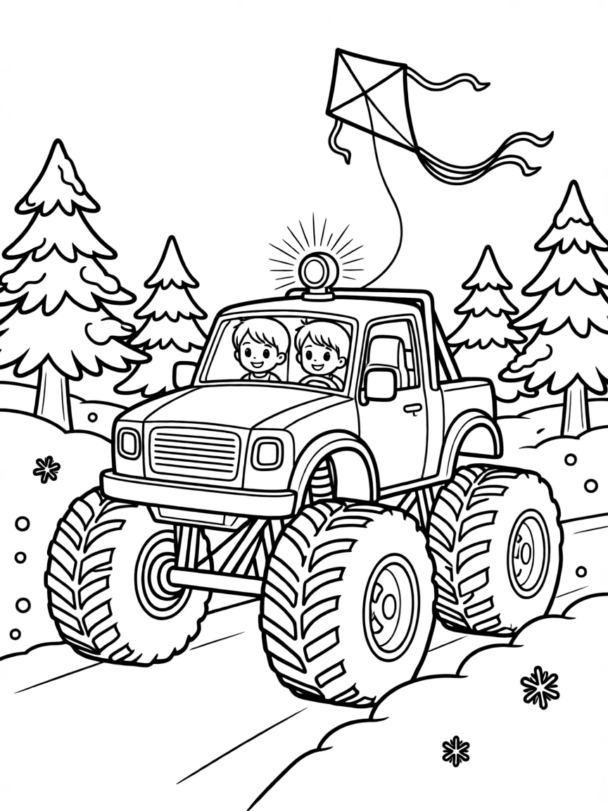 In this scene, a monster truck with oversized knobby tires is the star of a snowy mountain pass with pine trees dusted in white, joined by twin siblings pressing their faces to the window, with a signal light blinking cheerfully and a kite dancing in the breeze above scattered throughout for kids to color.