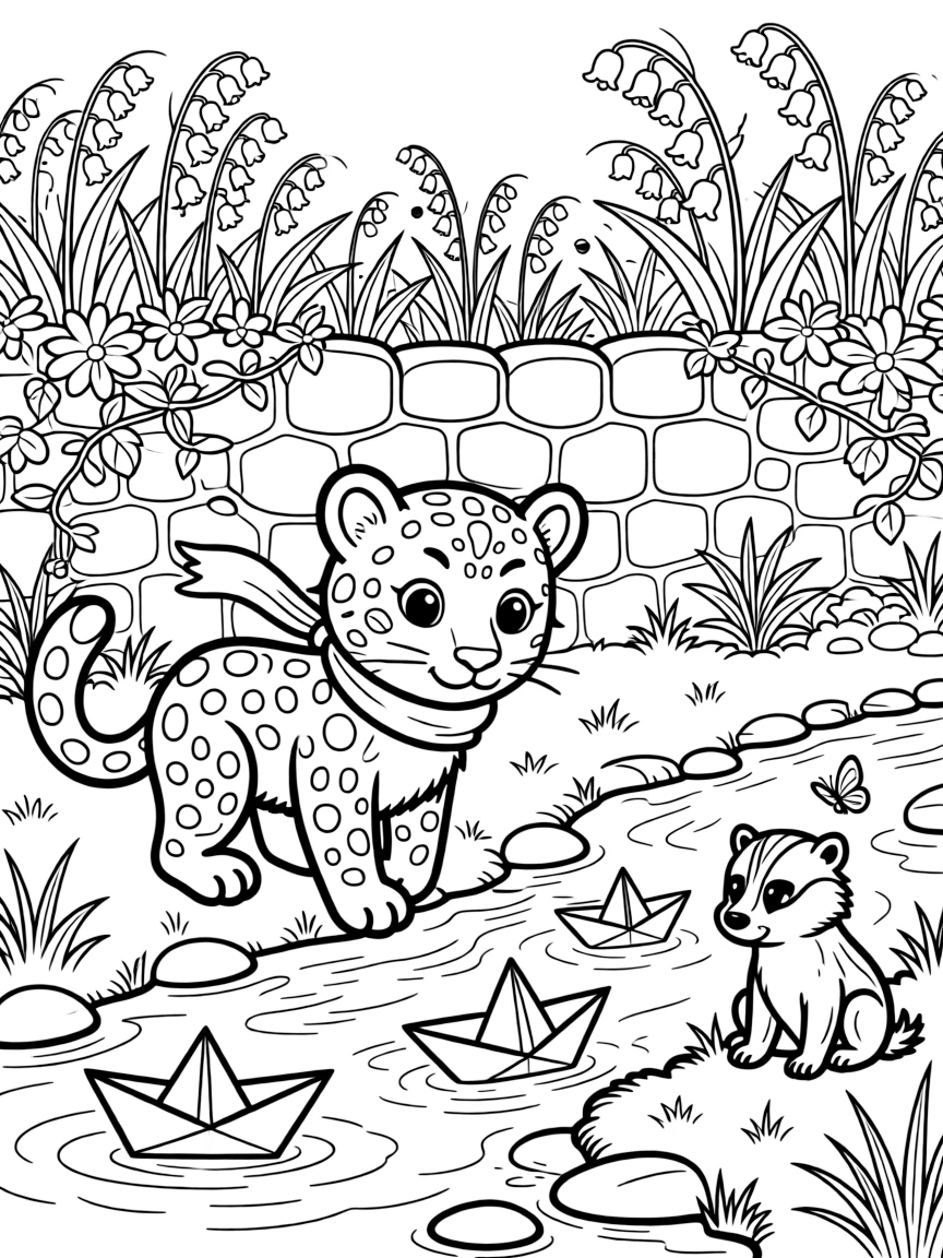 A snow leopard cub floating paper boats down a stream with a badger in a secret garden behind a stone wall, near a bluebell woodland.