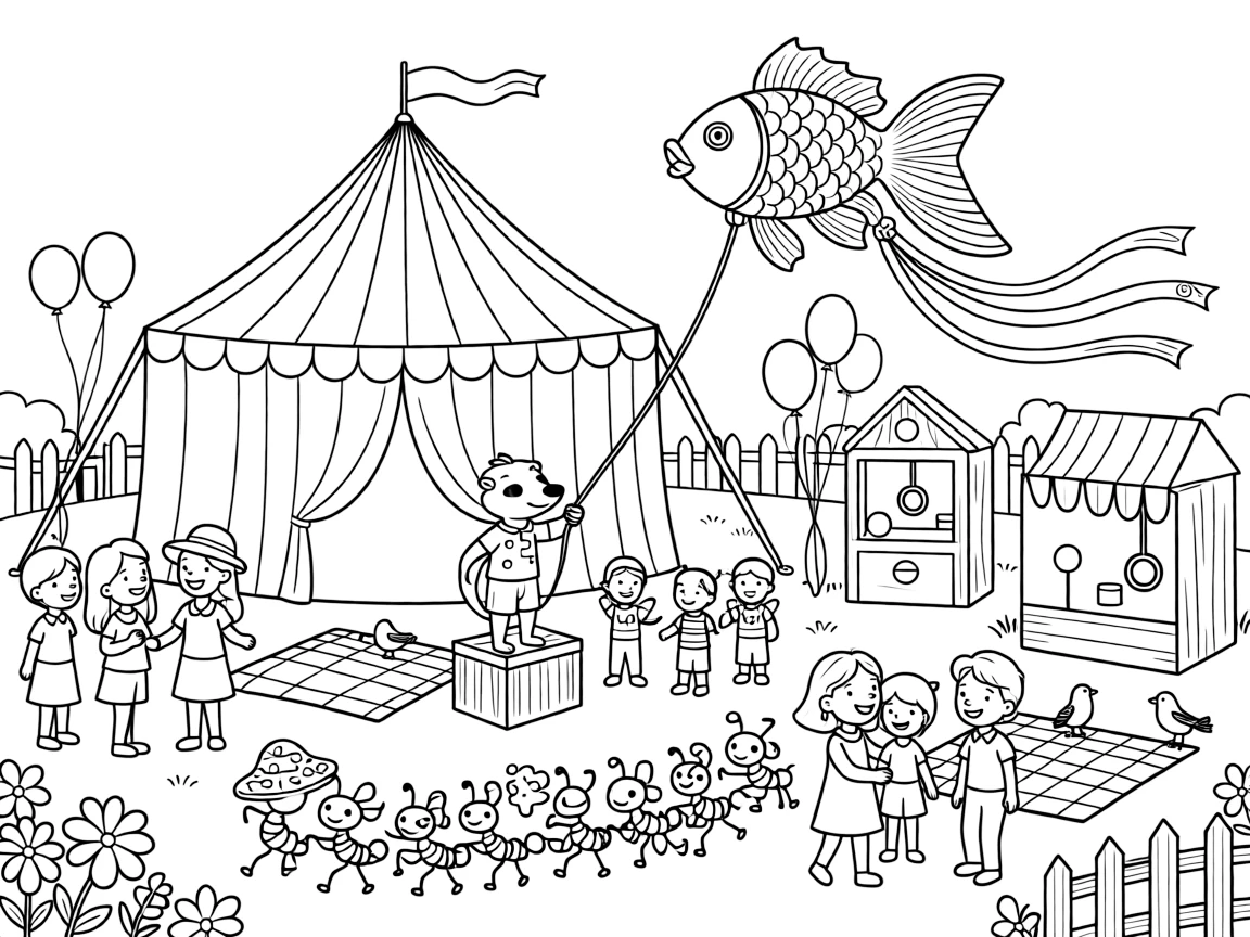 At a county fair with games and a big striped tent, a snuggly meerkat lookout is busy flying a kite shaped like a giant goldfish, cheered on by a line of ants carrying a picnic crumb and a kite tail fluttering with colorful ribbons. The whole neighborhood has come out to join the fun.