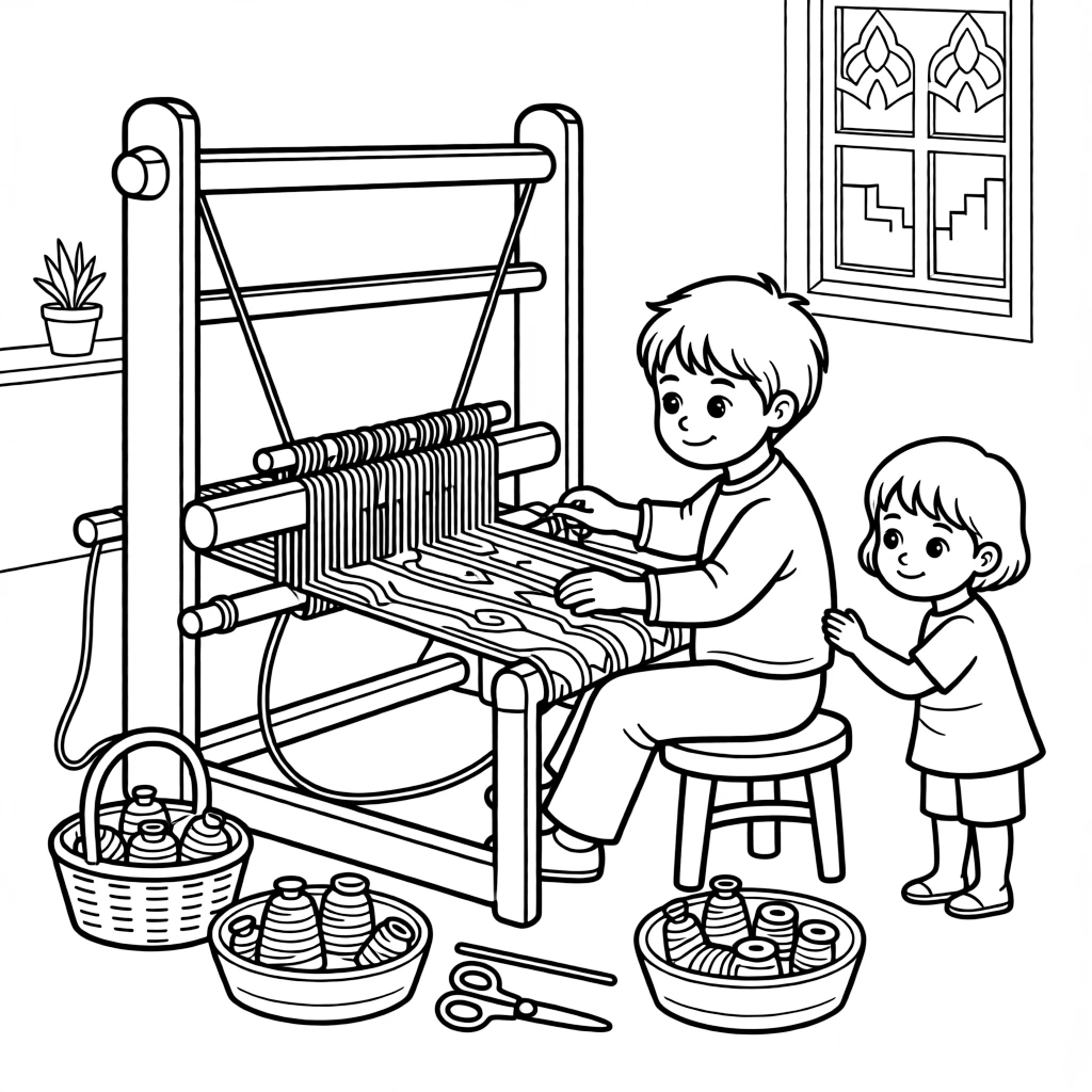 A coloring page of a child in Uzbekistan enjoying a craftsman weaving bright ikat-patterned silk on a loom, surrounded by colorful supplies and a curious sibling watching closely.