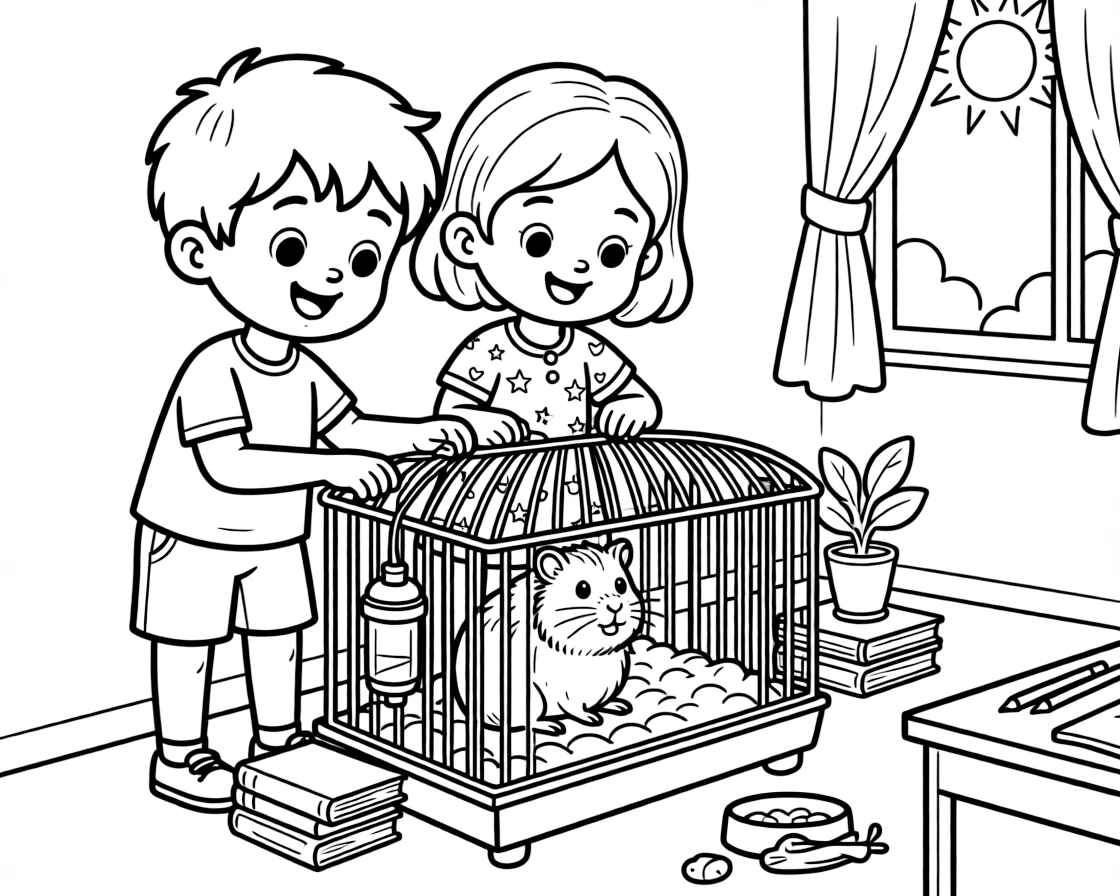 a wide-eyed pair of best friends feeds a classroom guinea pig through the bars of its cozy cage.