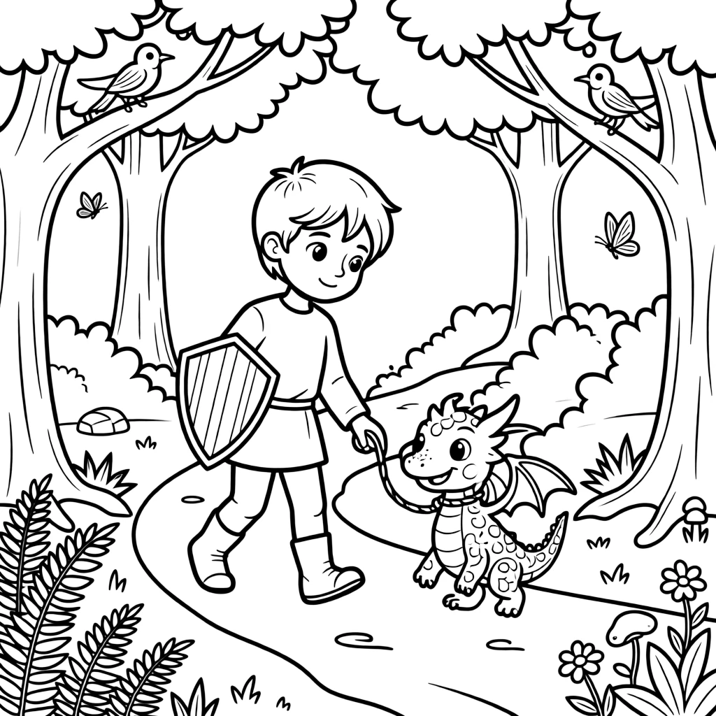 A brave young squire helps a lost baby dragon find its way home, following a trail of small scorch marks through the forest.