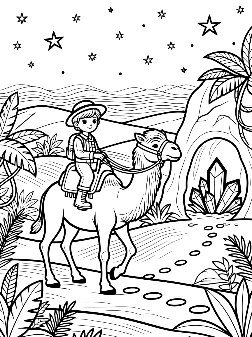 [Explorers] a desert explorer riding a camel crossing rolling sand dunes deep in a tropical jungle, wide-eyed with wonder. Nearby, glowing crystals line the cave walls. Footprints trail across the rugged terrain. The scene is captured under a starry night sky, with heat waves shimmering in the distance, giving the page a lively and adventurous feel that invites plenty of colorful detail.