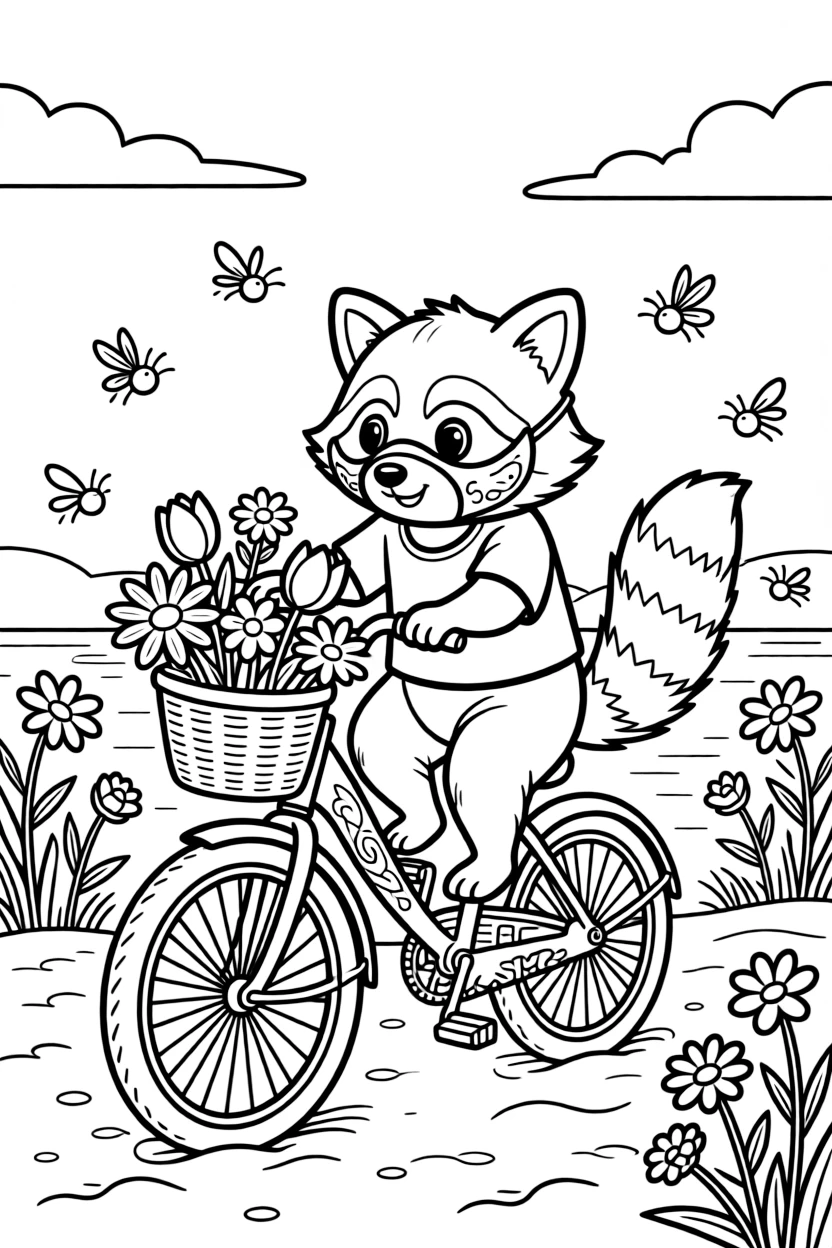 A masked little raccoon is decorating a bicycle basket with flowers on a sandy beach at golden sunset. Scattered nearby, twinkling fireflies rising into the air and wildflowers swaying gently in the wind bring the scene to life.