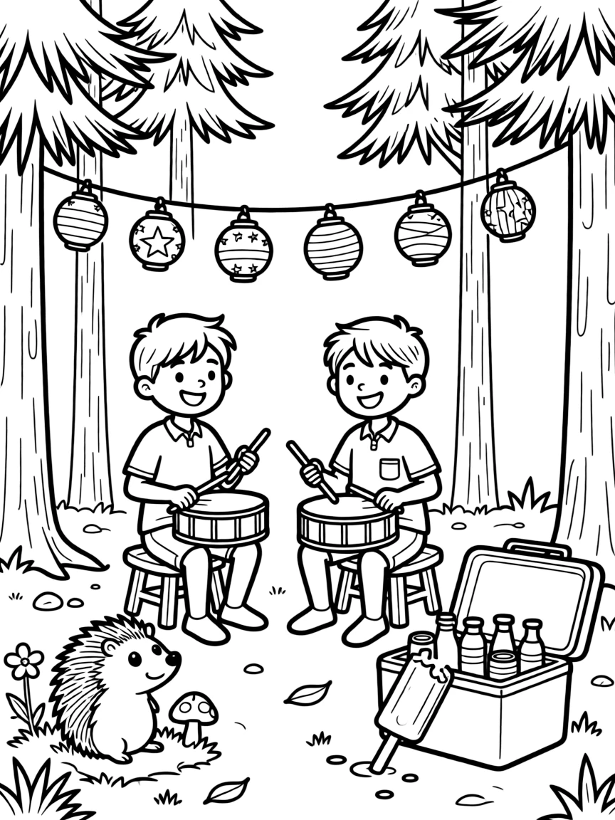 Drummers playing beneath strings of lanterns in a campsite nestled among tall pine trees, while a plump little hedgehog looks on nearby, a cooler stocked with cold drinks and a popsicle melting in the sun completing the scene.