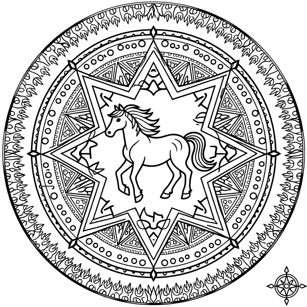 Farm Animals: The main subject is a horse with a flowing mane and tail, drawn as the focal point of an eight-point star mandala framing the design. It is placed at the very center of the page, with the surrounding rings growing larger and more detailed toward the outer edge. Decorative details fill the surrounding space, including a trail of evenly spaced dots, flame-shaped tips curling upward, and nested triangle shapes woven throughout the background. A playful extra touch completes the page: a tiny compass shape resting in one corner of the design.