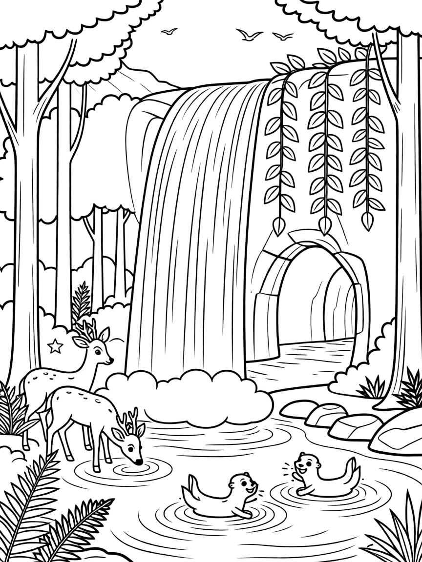 [Waterfalls] A family of deer drinks from the misty pool at the base of a tall forest waterfall. A family of otters plays in the swirling water at the base of the falls. A hidden cave sits behind the curtain of falling water, its entrance framed by hanging vines. The steady rush of falling water fills the air beneath a bright, clear sky.
