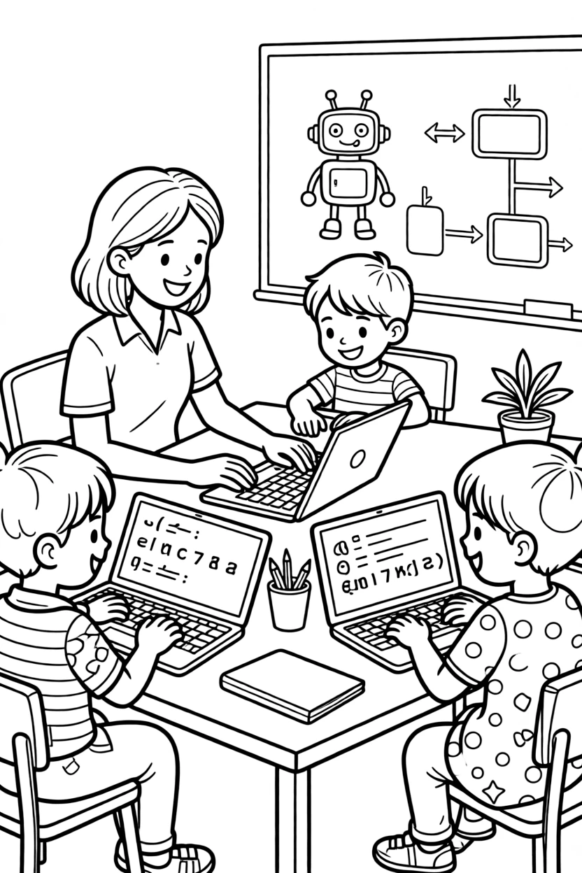A coding club teacher helps kids type their first program on laptops.