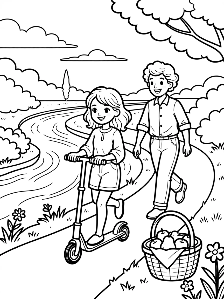 A dreamy-eyed girl riding a scooter together with an elderly neighbor along a riverside path with a picnic basket nearby.