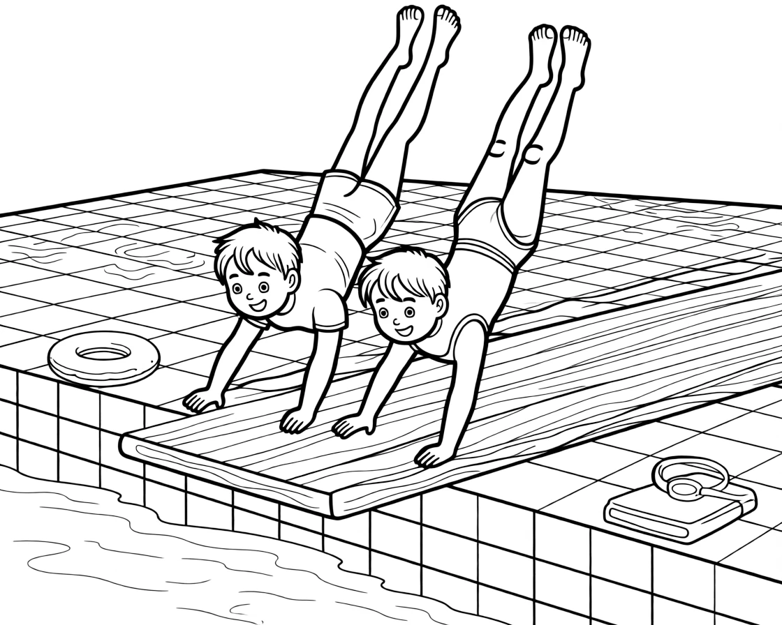 A pair of twin siblings, holding a handstand on the edge of the diving board before tipping forward.