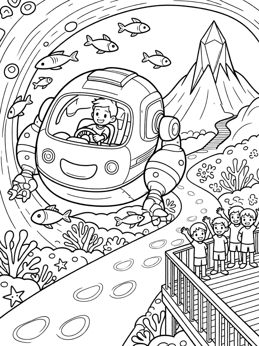 Young pilot Ozzy riding inside the friendly giant mech Vanguard guiding a school of glowing space fish through a coral tunnel near a mountain trail winding up to a glowing crystal peak, surrounded by a group of kids waving from a nearby observation deck and a trail of glowing footprints leading into the distance.