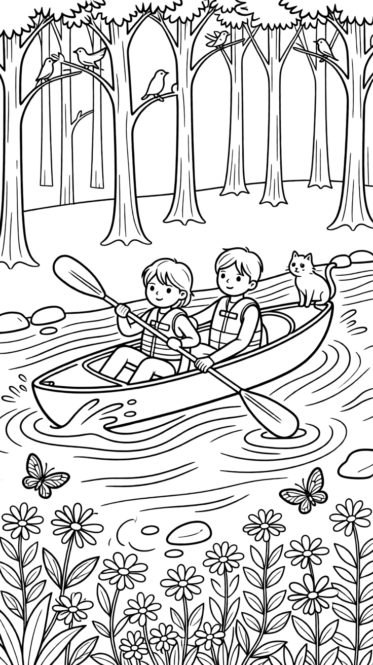 A two-person kayak paddling through rippling rapids takes center stage in a peaceful forest clearing filled with tall trees and birds, where a curious cat perched on the hood can be seen nearby, surrounded by butterflies fluttering near a patch of wildflowers.