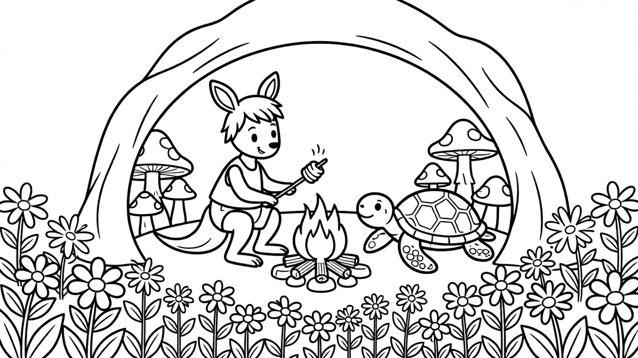 A kangaroo joey in a cave glowing with mushrooms, roasting marshmallows by a campfire with a sea turtle, next to a field of wildflowers.