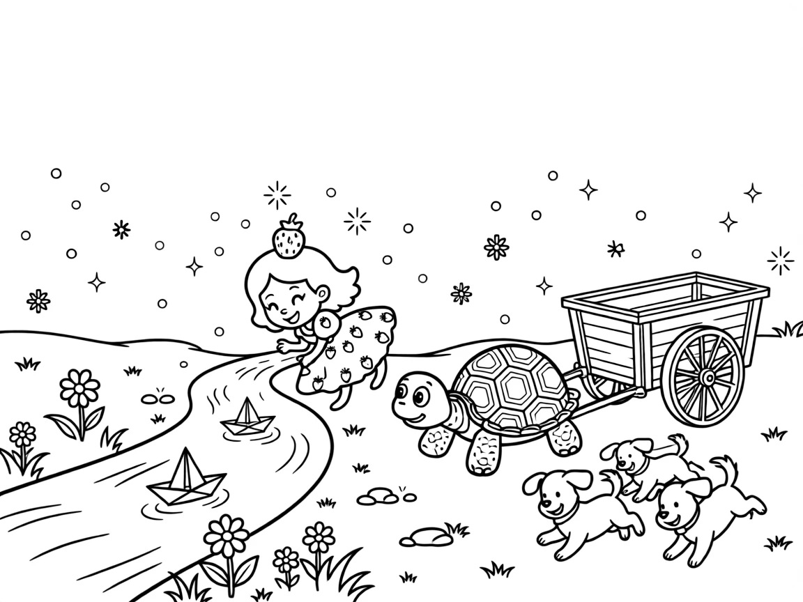 A goofy strawberry princess is racing paper boats down a bubbling brook in a meadow during the first snowfall of winter, joined by a cart pulled by a very determined turtle and three bouncing puppies chasing their tails. Sparkles and stars fill the air with magic.