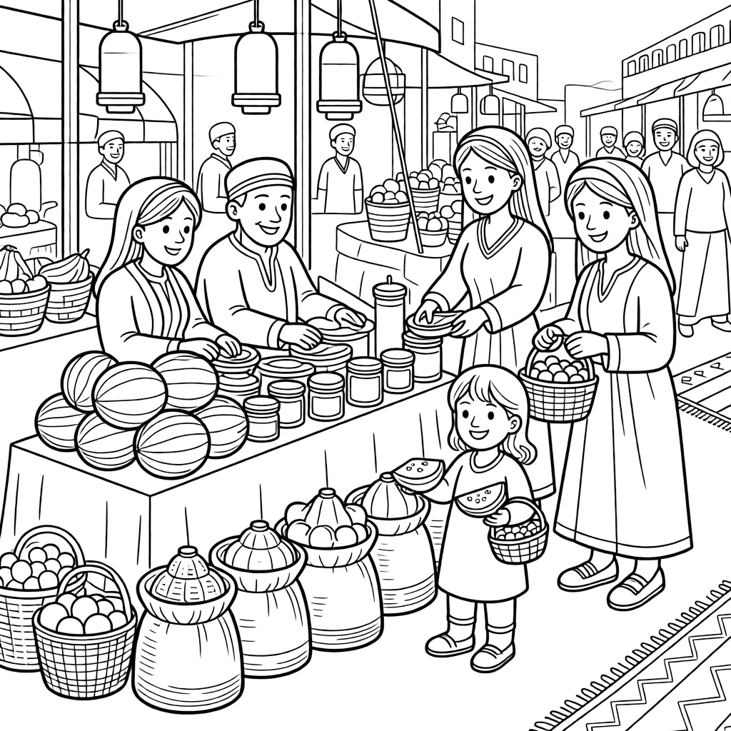 A coloring page of a family selling melons and spices at a bustling bazaar in Uzbekistan, showing grandparents, parents, and children all taking part together in the fun.