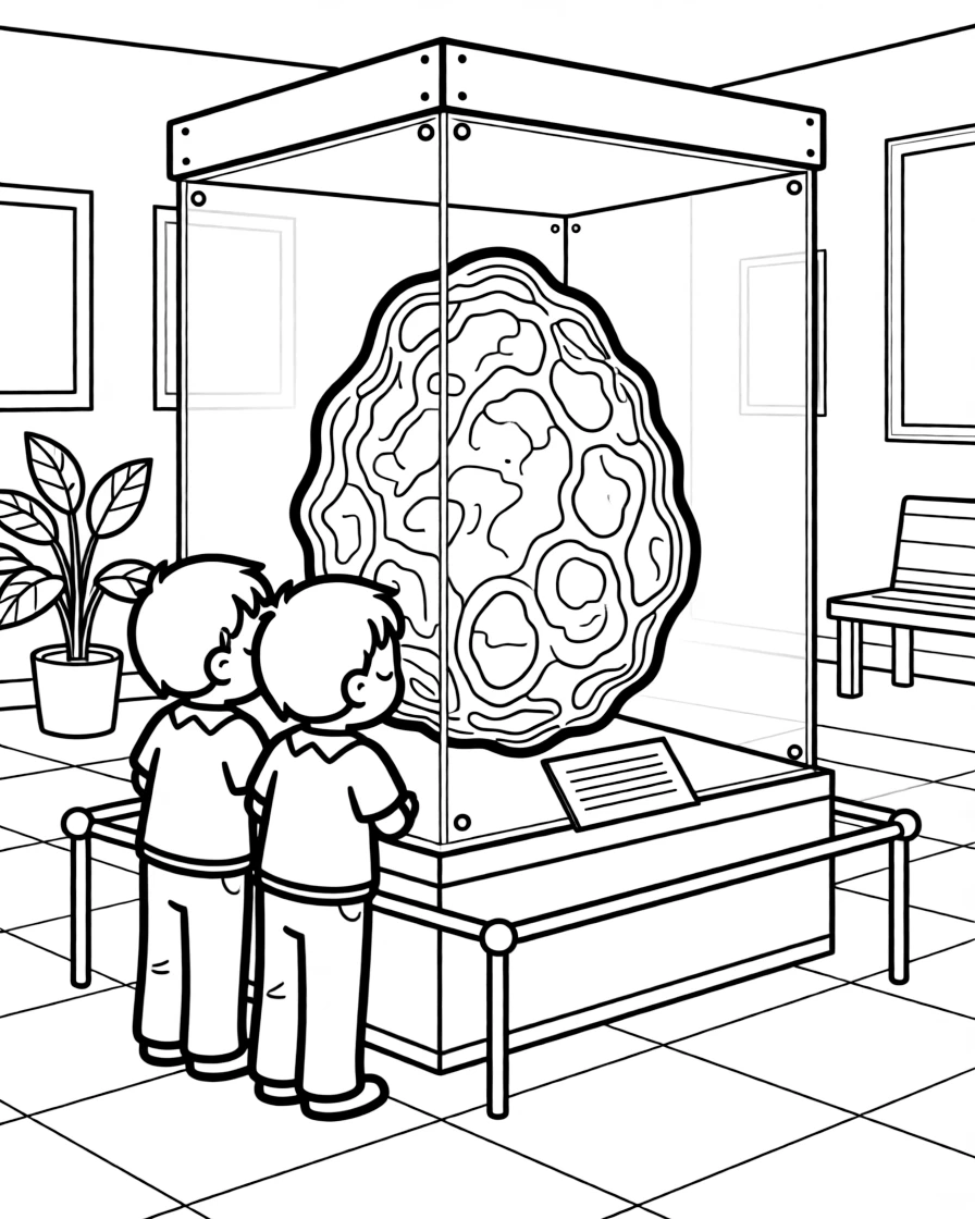 sleepy twin brothers examine a real meteorite behind glass at a natural history museum.