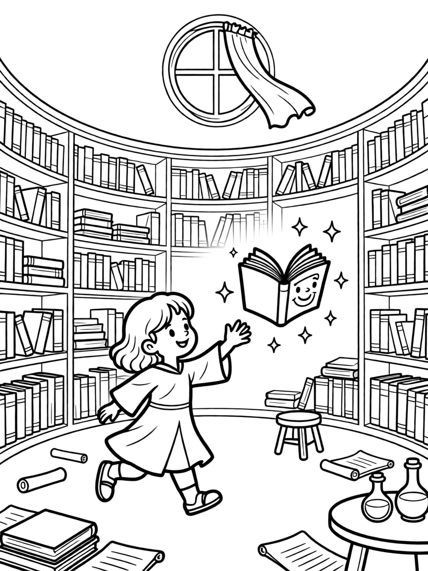 A wizard's floating library book chases a giggling apprentice around the tower, refusing to be returned to its shelf.