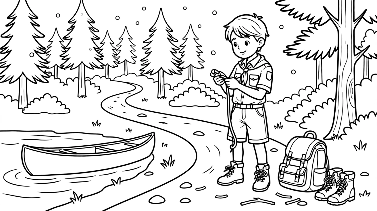 [Camping] a scout tying a rope knot hiking along a forest trail along a winding hiking trail, looking determined and brave, while a canoe rests on the shore nearby fills the surrounding area. A backpack and hiking boots sit nearby. Set during a bright summer day, with snow gently falling, the page bursts with adventure and imagination.