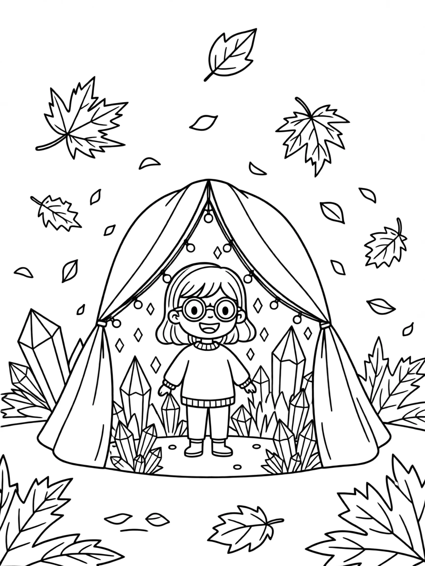 A girl with round glasses and a wide grin is exploring a cave glittering with crystals inside a blanket fort glowing with fairy lights. All around, swirling autumn leaves in every color and scattered flower petals drifting in the breeze add a playful, cheerful touch.