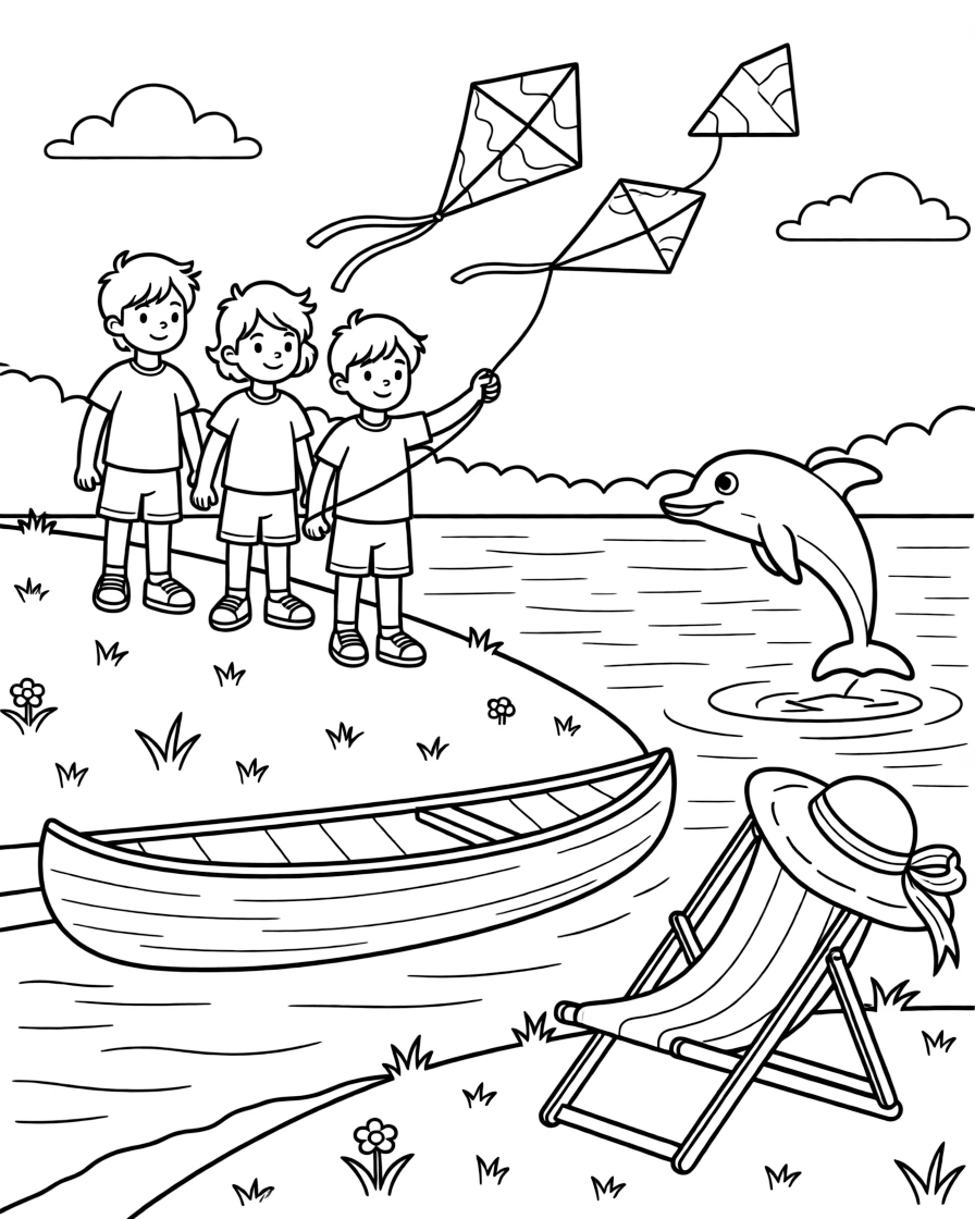 A group of three friends admiring a canoe resting on the shore of a calm lake on a grassy hill perfect for flying kites, near a friendly dolphin leaping from the waves and a sunhat resting on a beach chair.
