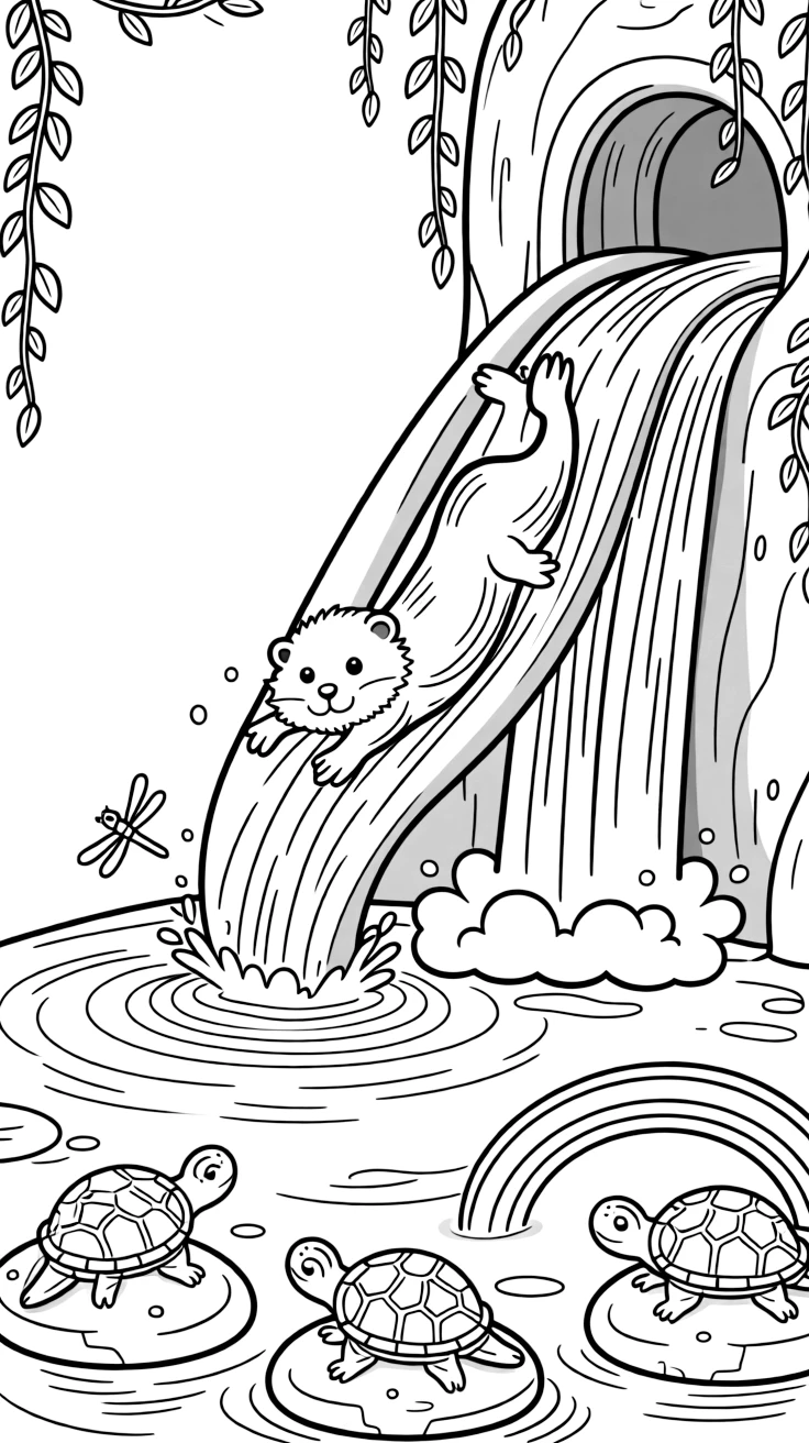 [Waterfalls] A curious otter slides down a smooth rock beside a cascading waterfall into the pool below. Dragonflies hover above the spray as turtles rest on smooth stones nearby. A hidden cave sits behind the curtain of falling water, its entrance framed by hanging vines. Soft morning light glows through the mist, casting a gentle rainbow over the pool.