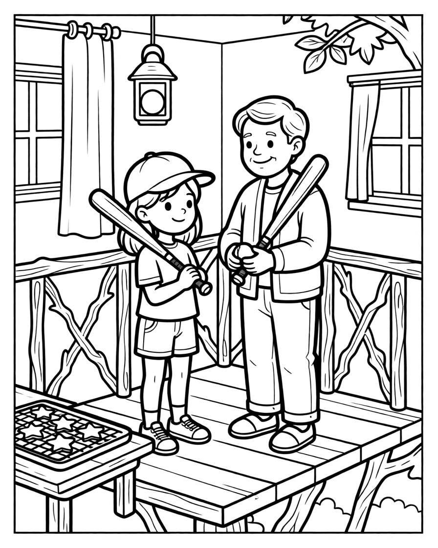 A quiet girl playing baseball together with a great-grandparent in a treehouse as star-shaped cookies cool on a tray.
