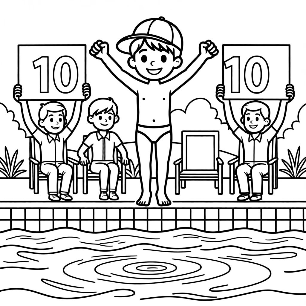 A confident boy wearing a bright cap, celebrating a perfect ten dive with judges holding up scorecards poolside.
