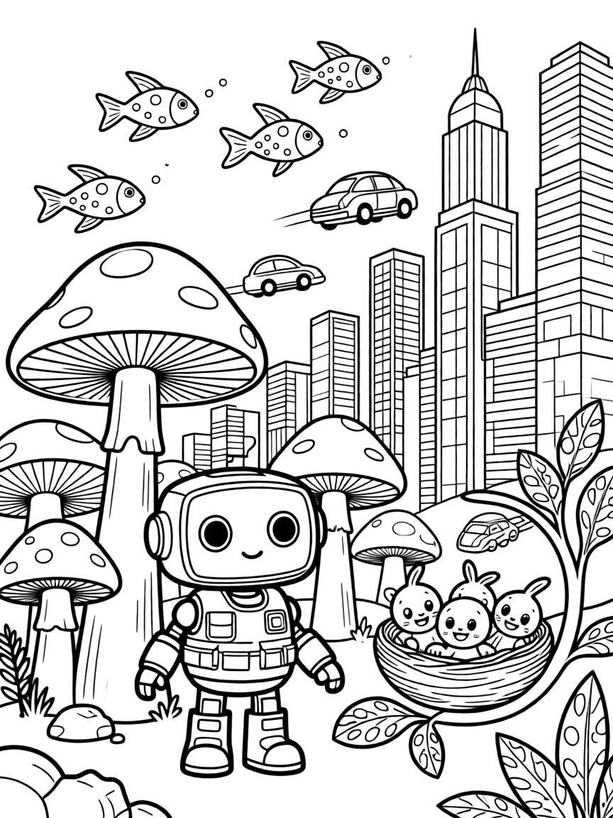 Dyno, a curious little rescue robot playing hide and seek among giant mushroom towers on an alien world near a bustling futuristic city with towering glass skyscrapers and flying cars, surrounded by a school of glowing space fish swimming through the air and a nest of baby alien creatures chirping happily.