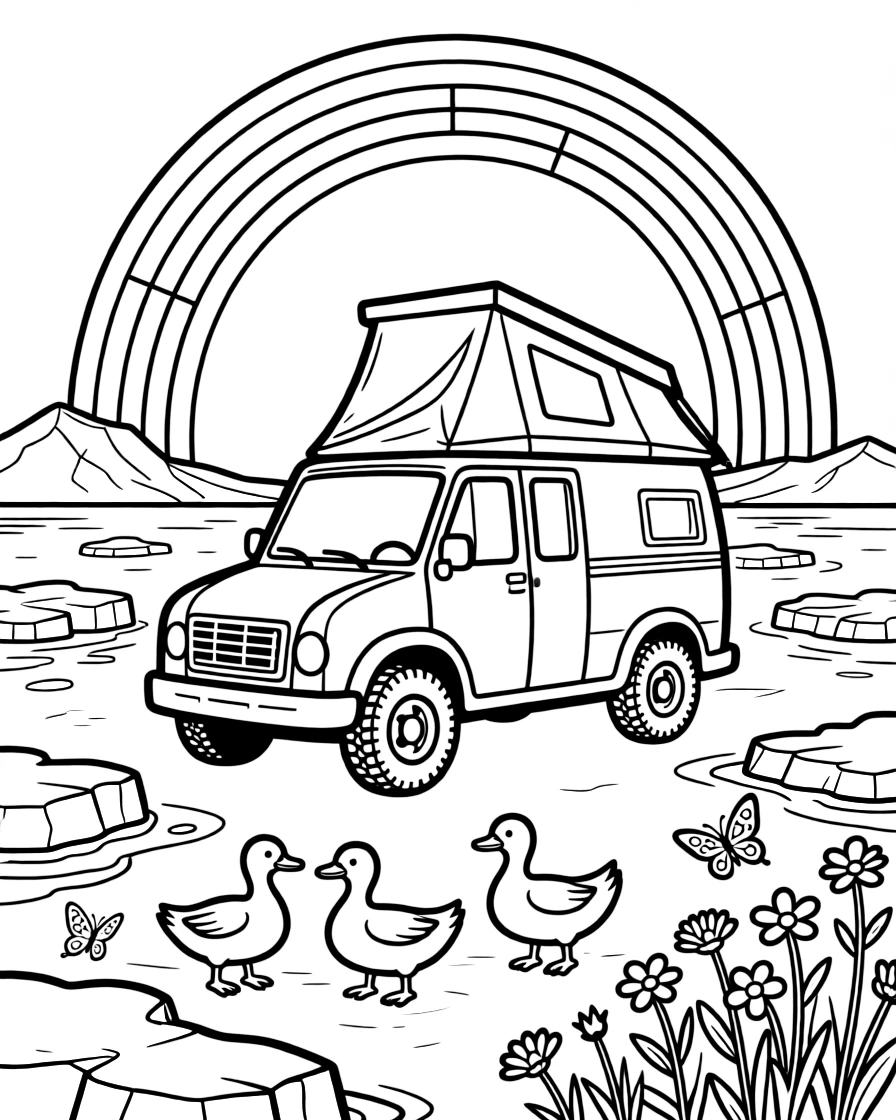 In this scene, an off-road camper van with a pop-up rooftop tent is the star of an icy arctic field with drifting chunks of blue-white ice, joined by a family of ducks waddling alongside, with butterflies fluttering near a patch of wildflowers and a rainbow arching across the sky scattered throughout for kids to color.