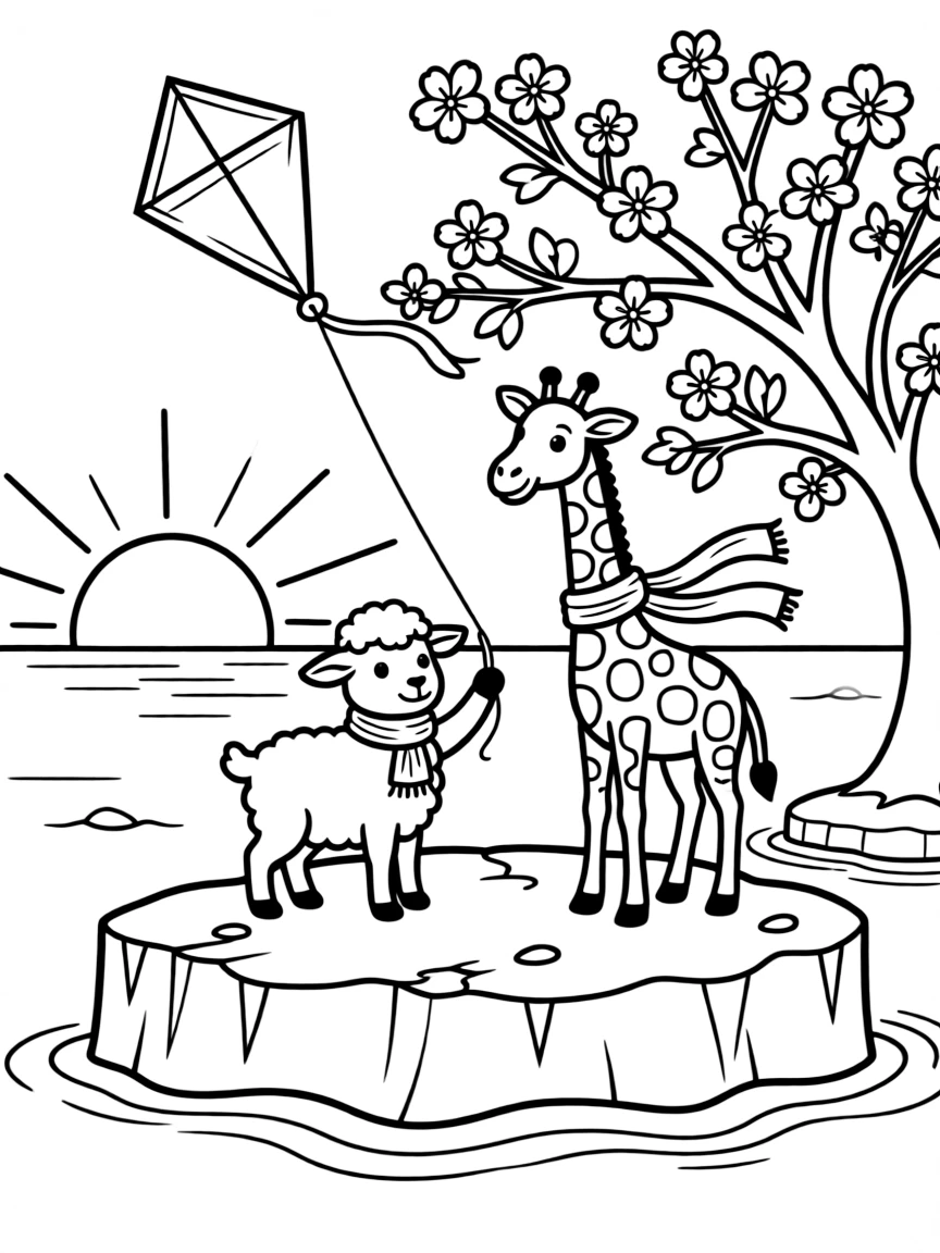 A lamb on an iceberg in the arctic sea, flying a kite with a giraffe, next to a blooming cherry blossom tree, as the sun sets in soft colors.