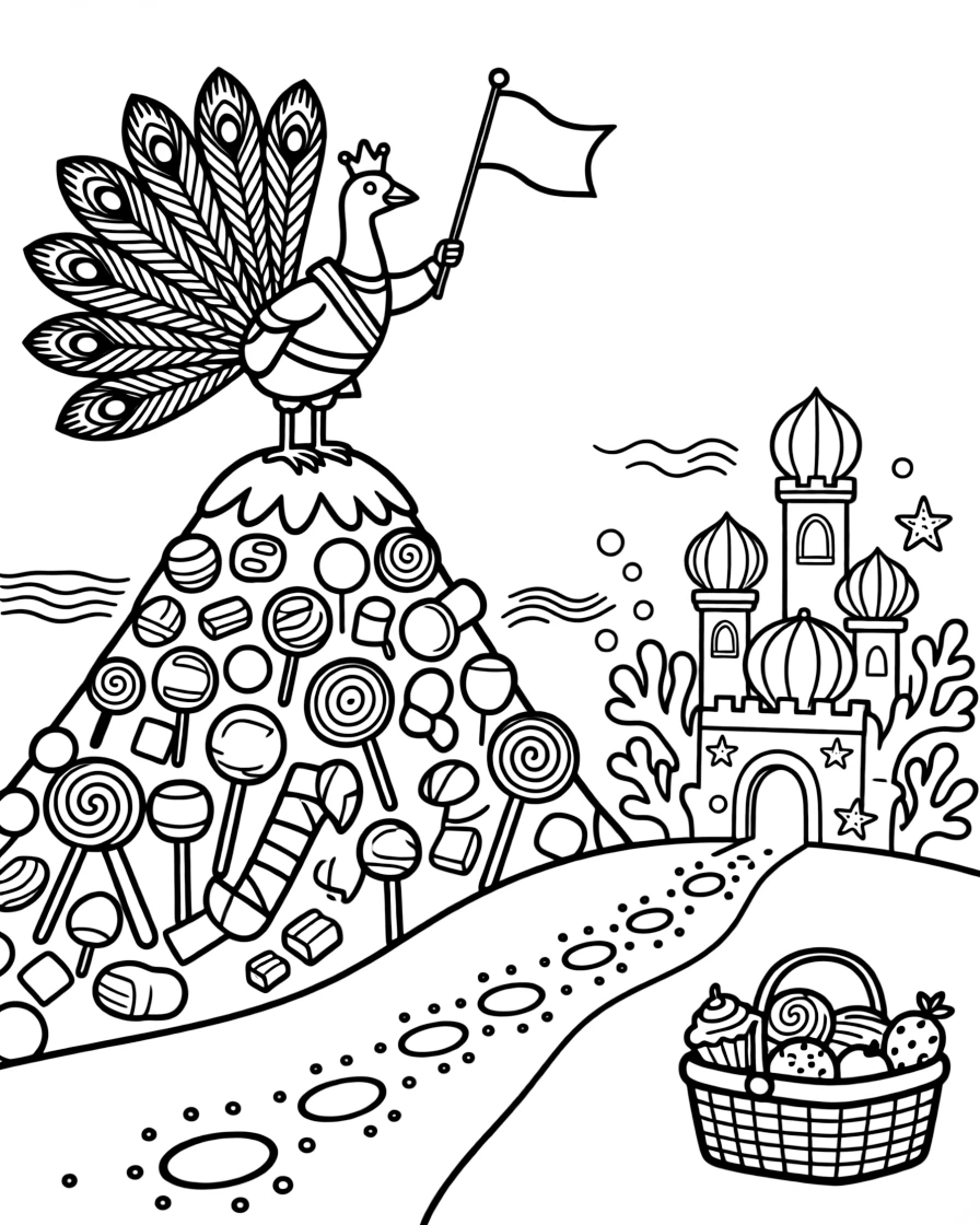 An energetic peacock royal herald is planting flags on top of a candy mountain summit in an underwater castle built from coral and pearls, joined by a trail of glowing footprints and a picnic basket overflowing with treats. A gentle breeze carries the sound of joyful laughter.