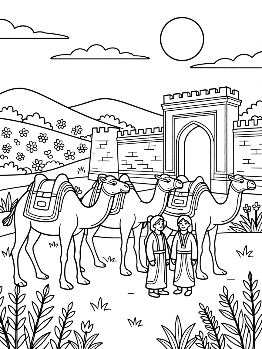 A coloring page of a gentle nature scene in Uzbekistan featuring a camel caravan resting near ancient city walls, surrounded by plants, rolling hills, and a bright sky.