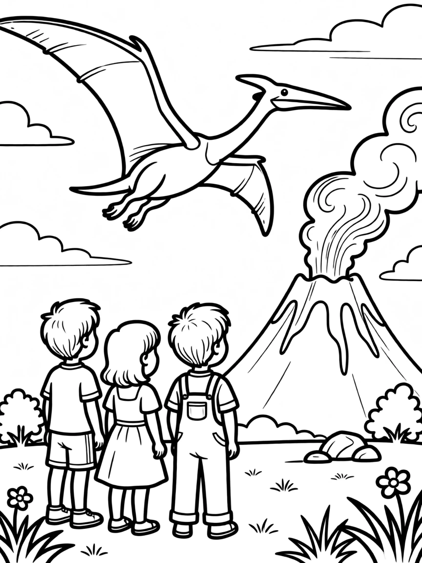 a proud group of three kids watches a pterodactyl soar overhead near a smoking volcano.