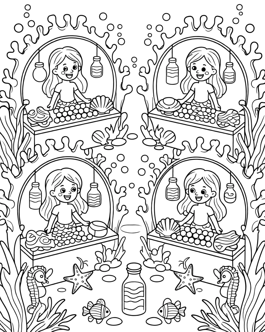 A merfolk market sells glowing pearls, enchanted shells, and bottled sea foam from stalls built into coral archways.