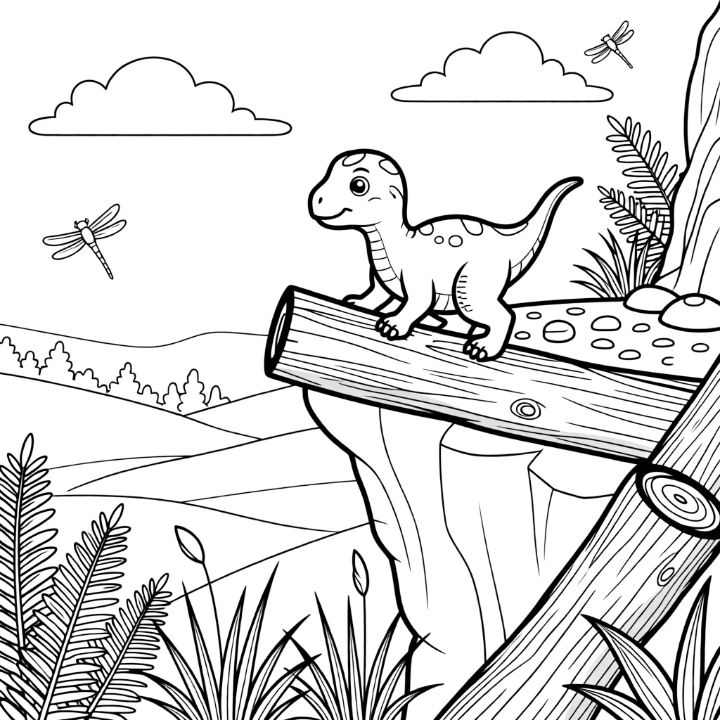 [Dinosaurs] a young dinosaur hatchling climbing over fallen logs on a rocky cliff overlooking a valley. In the background, dragonflies the size of birds buzz nearby, adding extra fun to explore. Patches of tall grass and ferns fill the foreground. It all happens at high noon, with fluffy clouds drifting overhead.