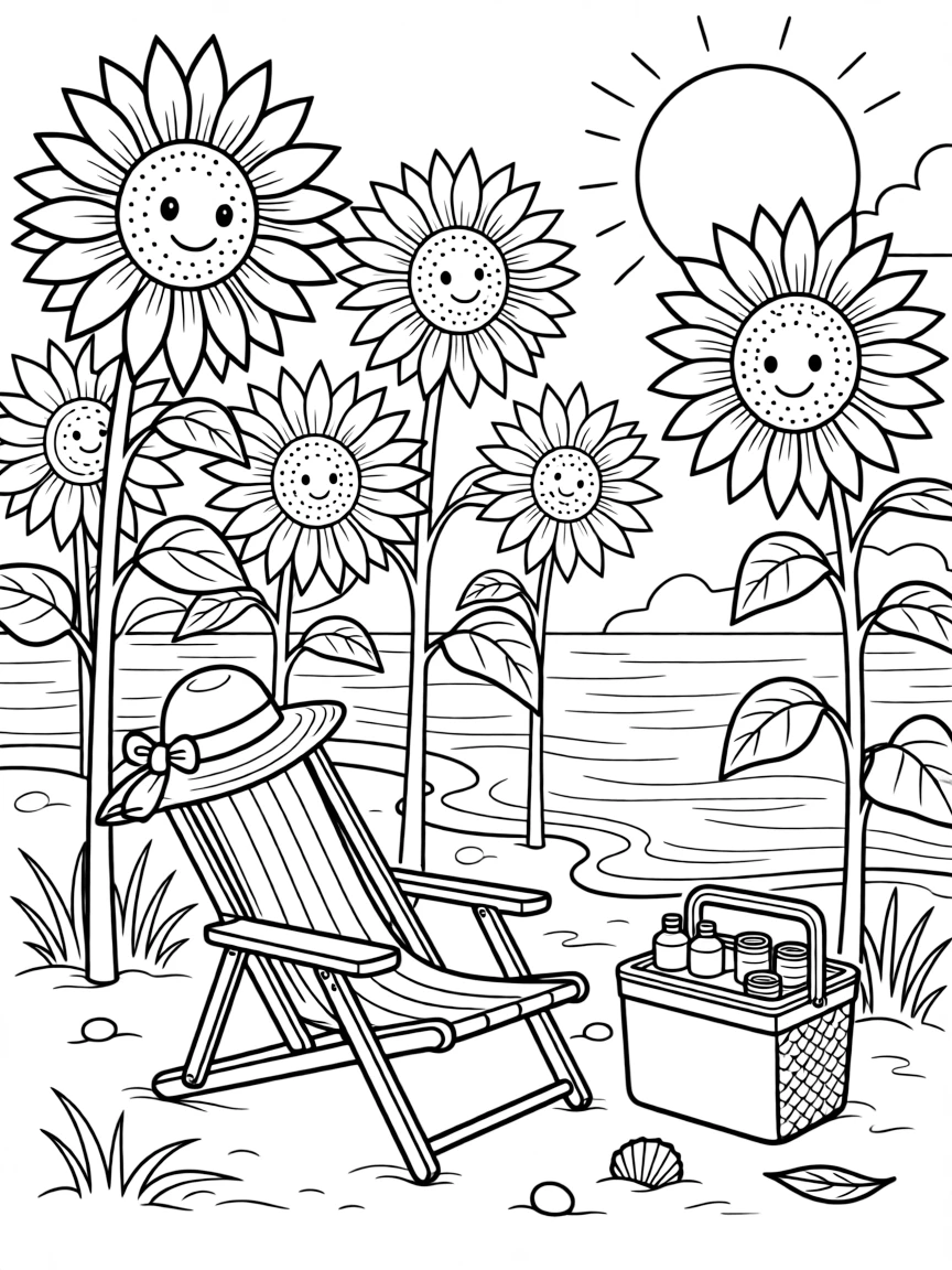 A close-up of a field of towering sunflowers facing the sun on a sandy beach with gentle waves rolling in, surrounded by a sunhat resting on a beach chair and a cooler stocked with cold drinks.