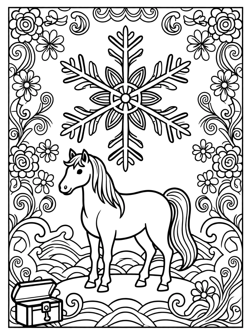 Farm Animals: The page presents a small themed scene built around a horse with a flowing mane and tail, tied together by a snowflake-shaped mandala with six symmetrical arms. The scene is set within a framed scene where every element on one side is echoed by a twin on the opposite side. Decorative details fill the surrounding space, including layered flower rosettes, swirling vine tendrils, and rows of curling wave shapes woven throughout the background. A playful extra touch completes the page: a small treasure chest half-hidden along one edge of the design.