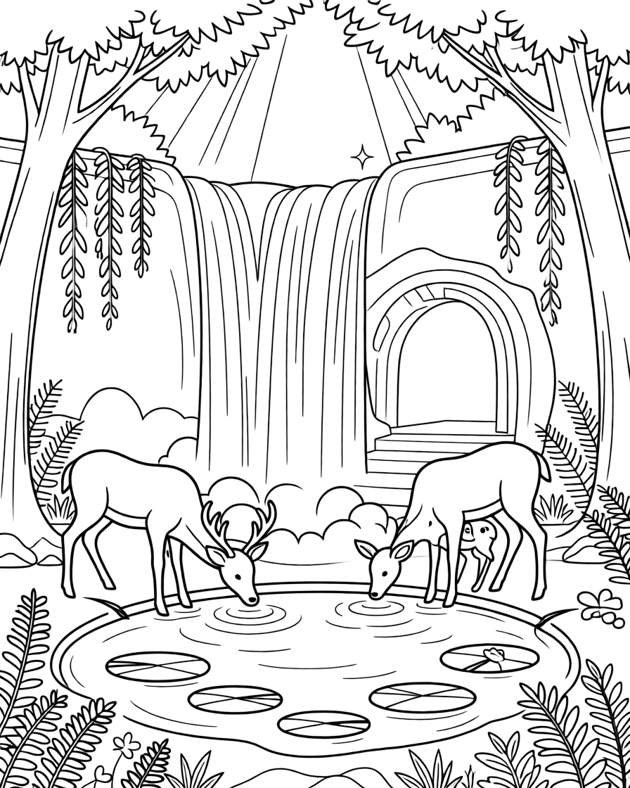 [Waterfalls] A family of deer drinks from the misty pool at the base of a tall forest waterfall. A tiny frog hops across lily pads floating near the edge of the misty pool. A hidden cave sits behind the curtain of falling water, its entrance framed by hanging vines. Sunlight breaks through the canopy, sparkling on the mist rising from the crashing water.