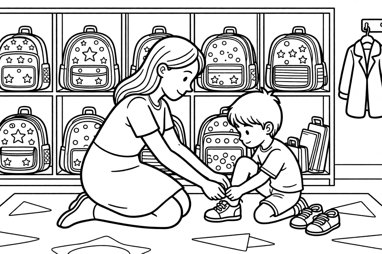 A kindergarten teacher helps a child tie their shoelaces at a cubby full of backpacks.