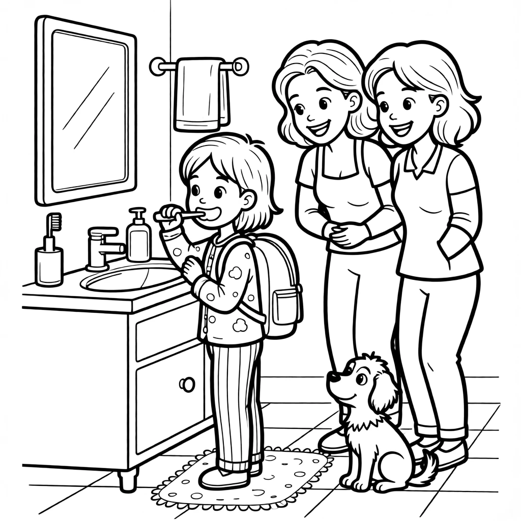 A girl with a backpack brushing teeth before bed with two moms as a curious puppy watches.