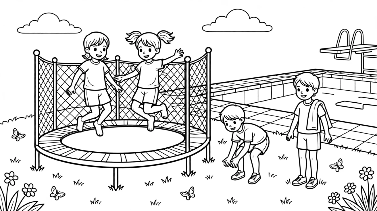 A group of classmates, practicing form on a trampoline before heading to the diving pool.
