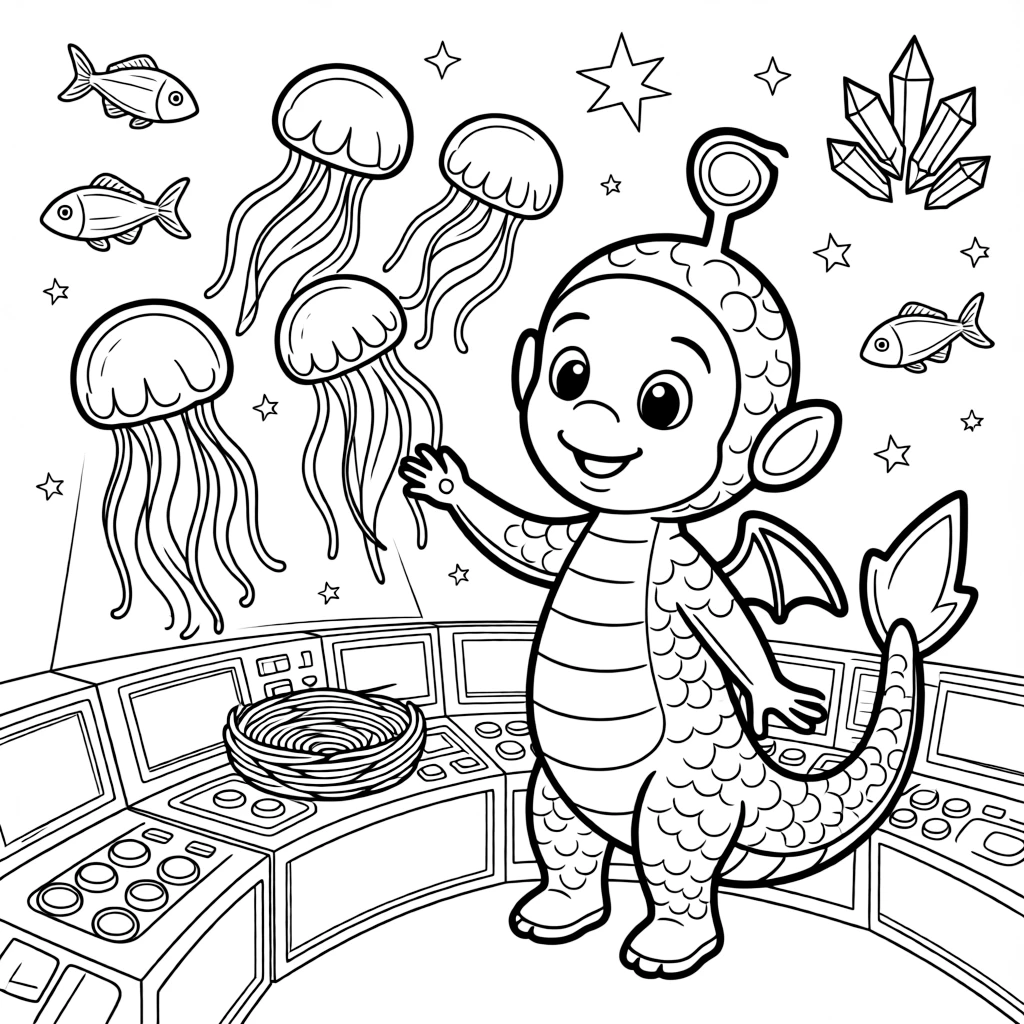 Wiggles, a friendly space dragon with soft scales herding a flock of floating jellyfish-like creatures back to their nest in a spaceship's bright control room full of blinking buttons and screens, as a school of glowing space fish swimming through the air and a cluster of floating crystals humming softly fill the scene.