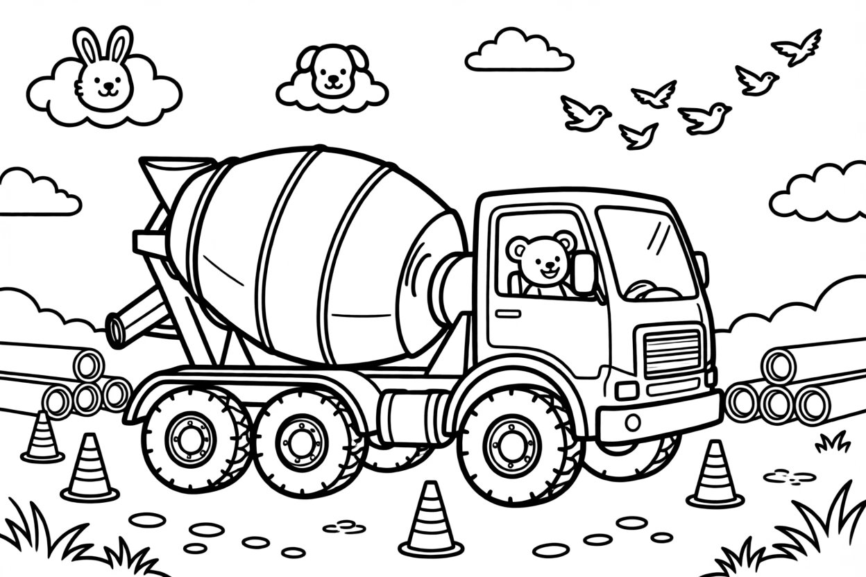 This page centers on a rumbling cement mixer truck with a spinning drum exploring a construction site surrounded by orange cones and stacked pipes, featuring a teddy bear buckled safely into the passenger seat and little extras like fluffy clouds shaped like animals drifting overhead and a flock of birds flying alongside in formation.