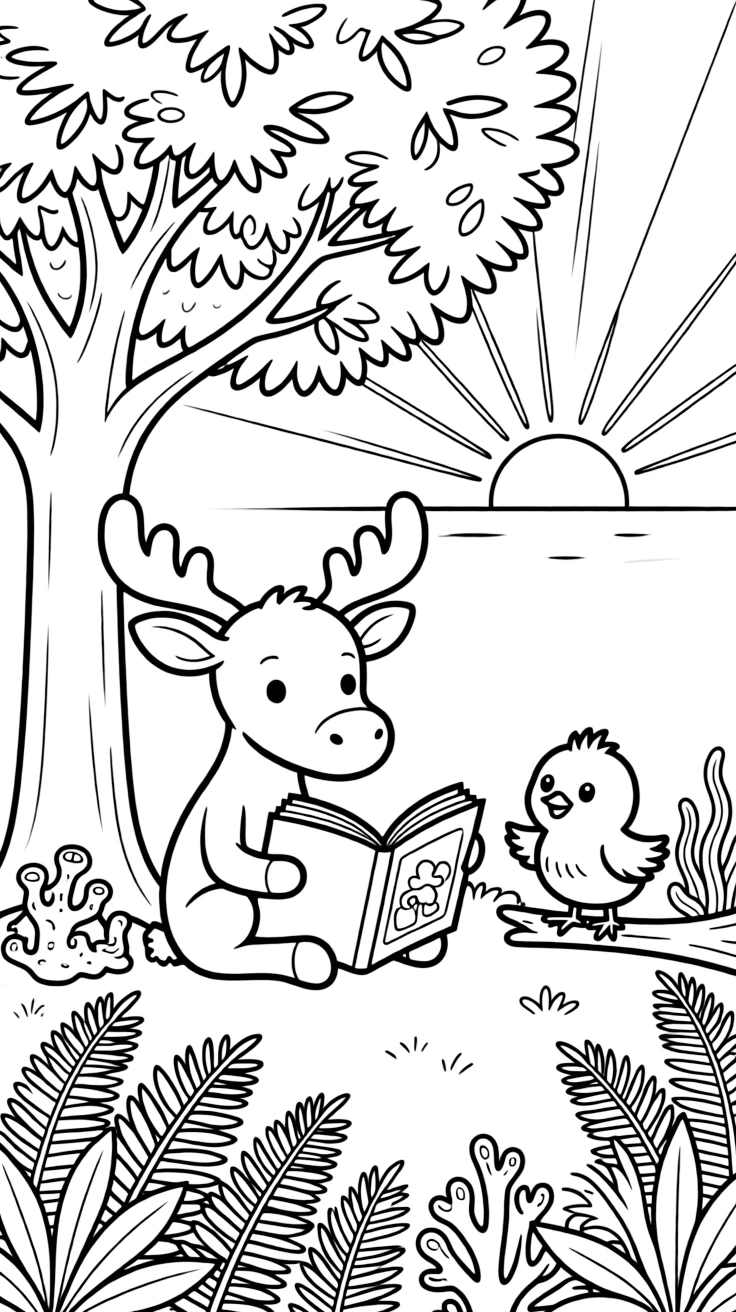 A moose calf in a coral reef, reading a storybook under a tree with a chick, next to a fern-covered forest floor, as the sun sets in soft colors.