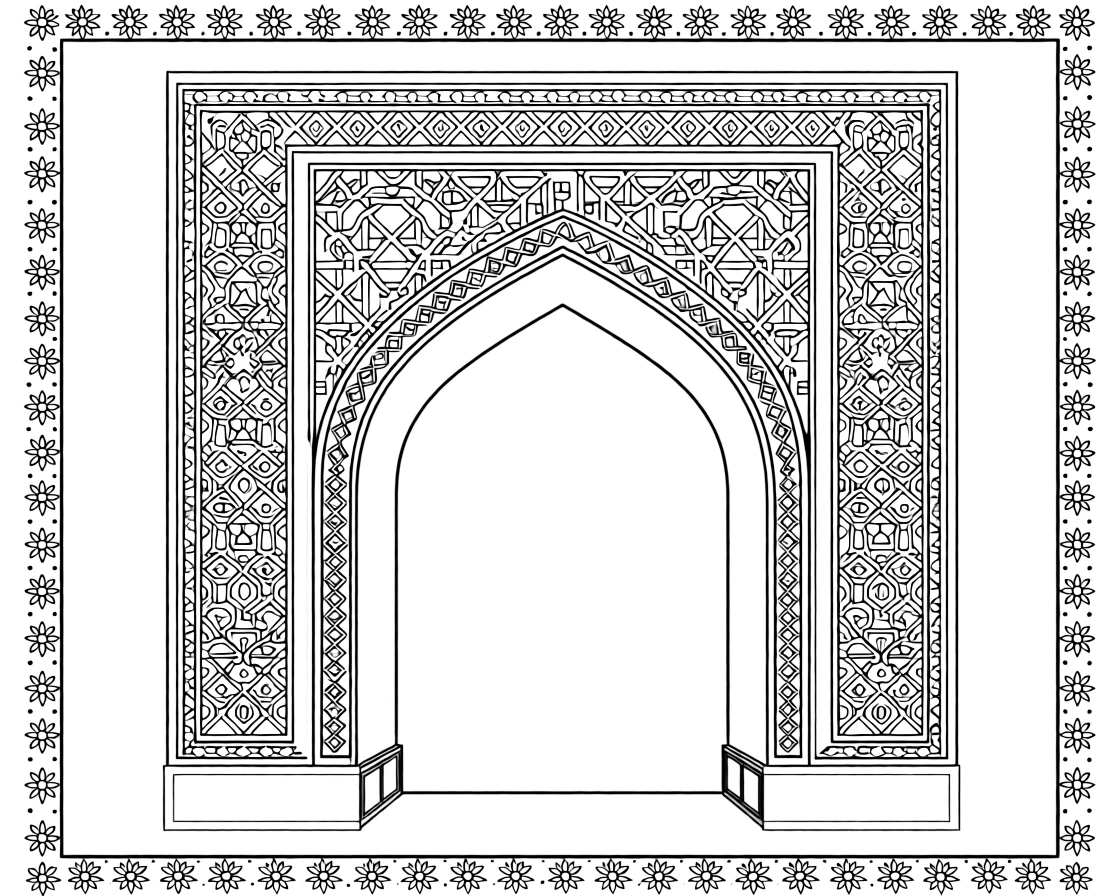 A coloring page featuring a mosaic archway covered in blue and gold geometric tiles from Uzbekistan, framed by a simple border of flowers, stars, or geometric patterns from the region.