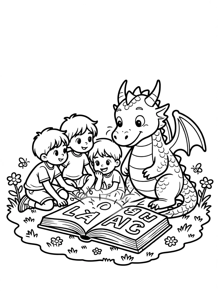 a mischievous group of three kids watches a friendly dragon slowly sound out letters from a giant glowing storybook.