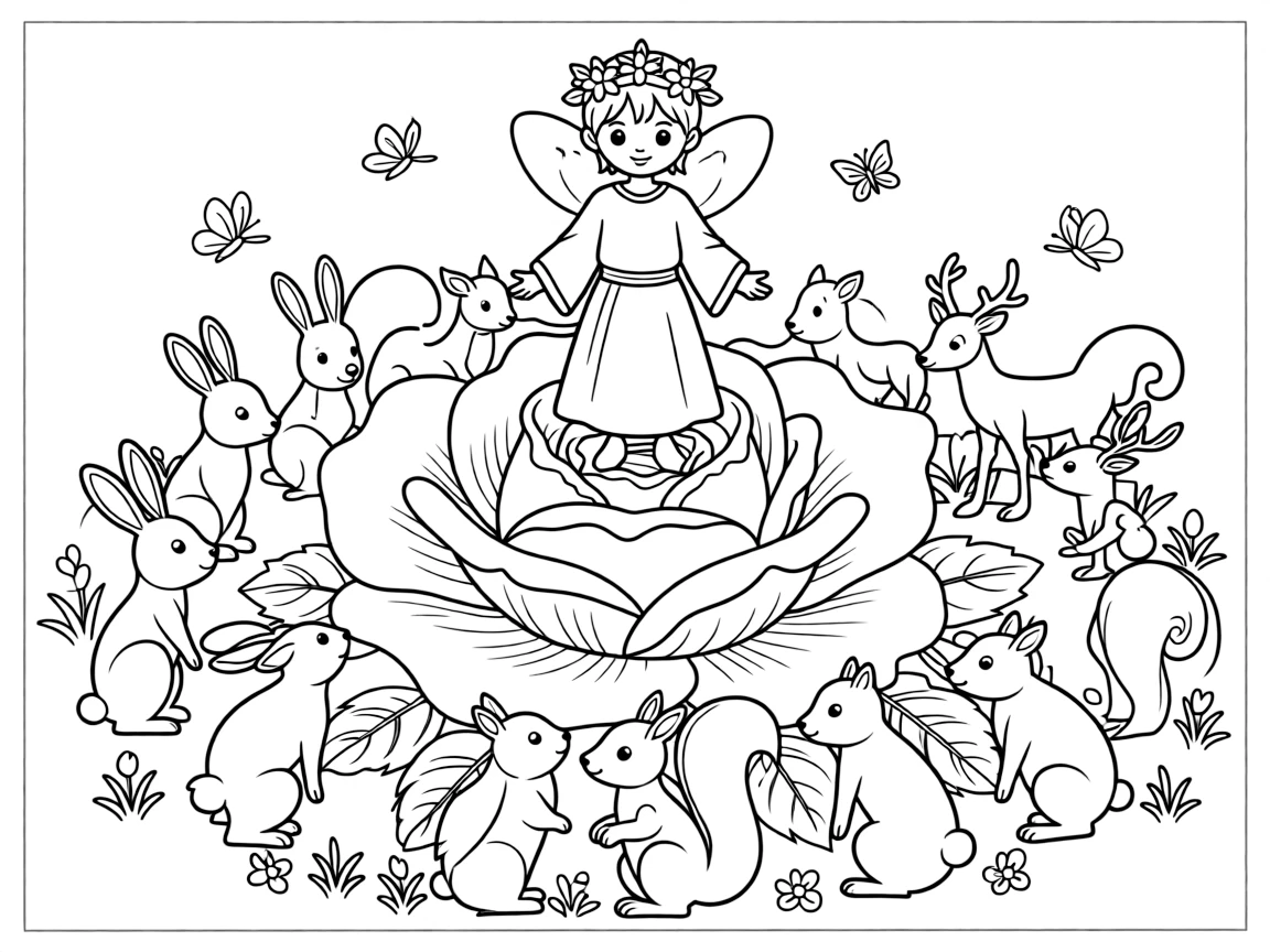 A grand coronation of a new fairy king takes place atop a giant blooming rose, woodland creatures bowing in a respectful circle.