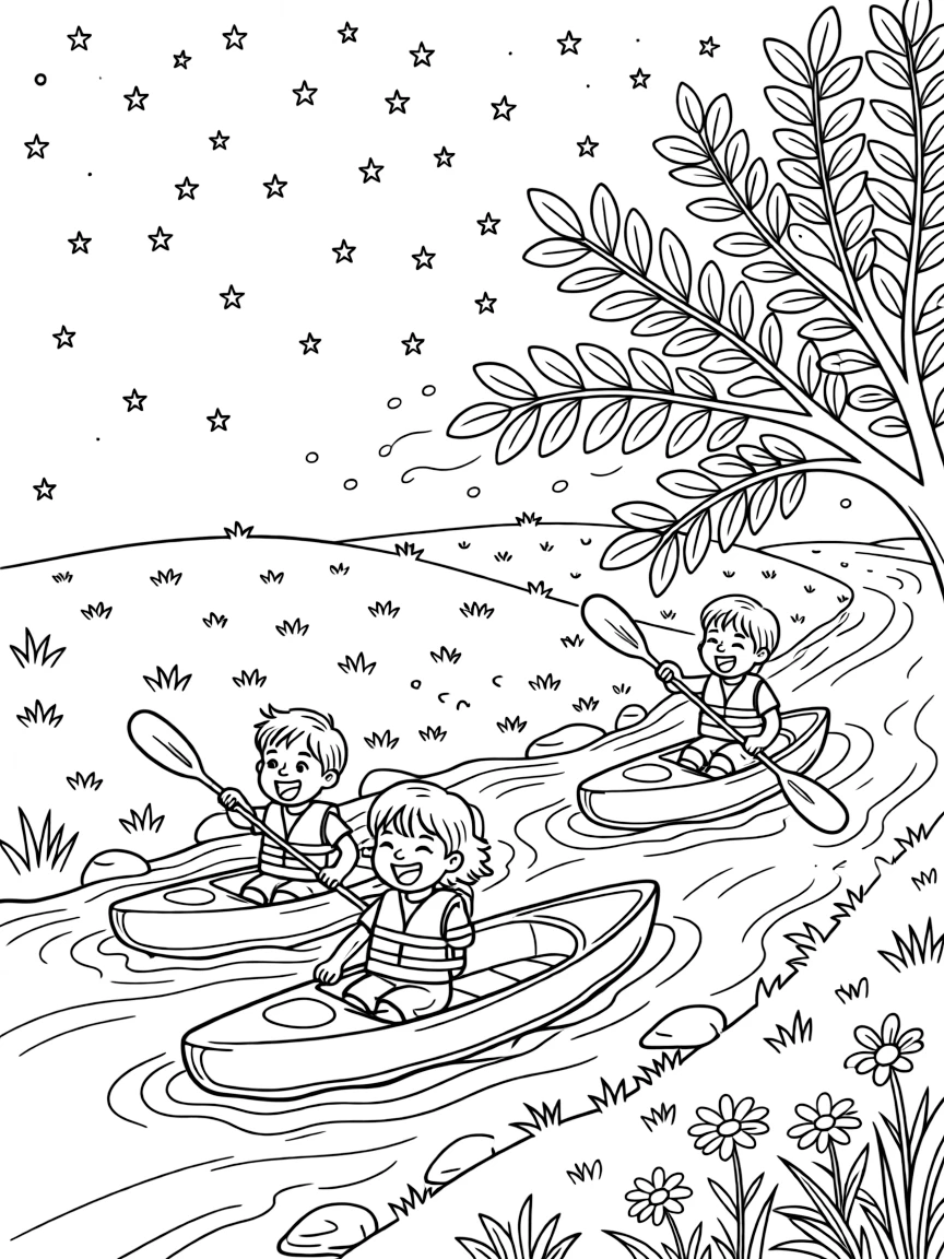 [Outdoor Adventures] A dynamic scene shows a group kayaking down a river paddling steadily through gentle rapids down a grassy hillside, letting out a triumphant roar. Close by, leafy branches provide plenty of texture. A sense of freedom and fun energy shows throughout. The moment unfolds under a starry night sky, with dust kicked up by the wind, filled with energetic detail perfect for a young colorist.